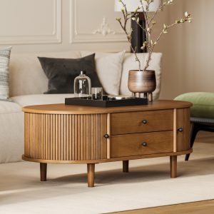 highlighting its natural grain. With drawers