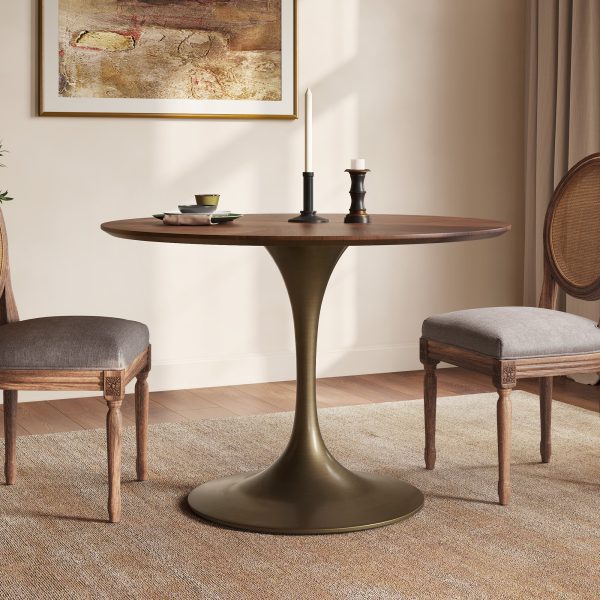 features an elegant walnut veneer top and a sculptural iron base. It blends retro charm with modern elegance for stylish