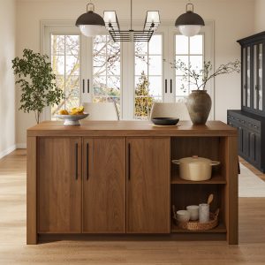 boasting a robust all-wood construction with rich grain patterns and minimalist metal handles