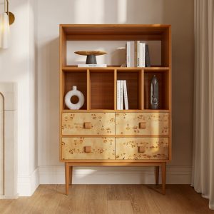 a perfect blend of functionality and style. Featuring unique burl wood drawer fronts