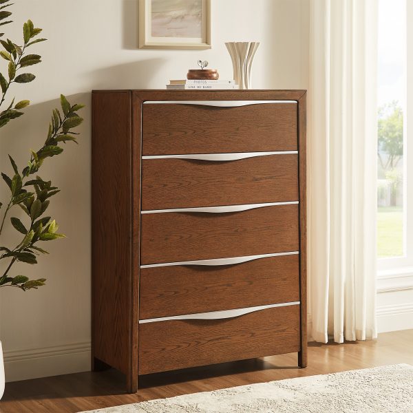 crafted from rich oak veneer and a solid wood frame for unmatched durability. This piece features sleek silver resin handles that add a contemporary flair. Ideal for those seeking bold style and timeless craftsmanship.cabinet type:Chest