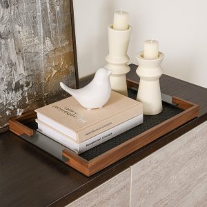 16 inch walnut serving tray with woven leather lining metal handle modern style for kitchen restaurant