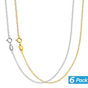 Wear these gold plated cable chains alone or with your favorite pendant. You will receive 6 chains total: 3 Yellow Gold plated Cable Chains and 3 White Gold plated cable chains. All are 18 inches and are adjustable up to 2 extra inches.* White Gold plated and Yellow Gold plated over brass* Cable chain style* 1mm thickness* 18 inch length and can extend to 20 inch