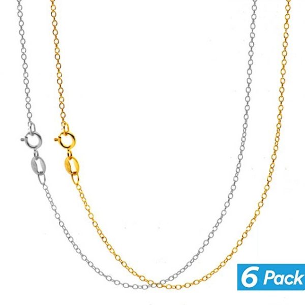 Wear these gold plated cable chains alone or with your favorite pendant. You will receive 6 chains total: 3 Yellow Gold plated Cable Chains and 3 White Gold plated cable chains. All are 18 inches and are adjustable up to 2 extra inches.* White Gold plated and Yellow Gold plated over brass* Cable chain style* 1mm thickness* 18 inch length and can extend to 20 inch
