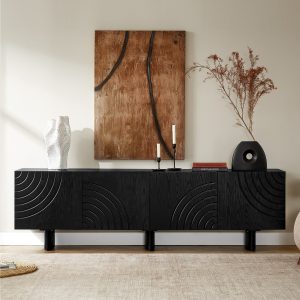 dark-stained oak veneer highlighting the natural wood grain. The door panel of the media console has smooth