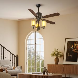 Glass lamp shade ceiling fan 52 inch with 3 lights 4 blades brown for living room kitchen
