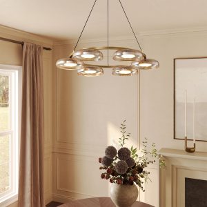 Stjarna Crackle Glass Pendant Light 32â³ round frame with extendable cable for living room dining room modern style gold 30W 800 lumens brightness