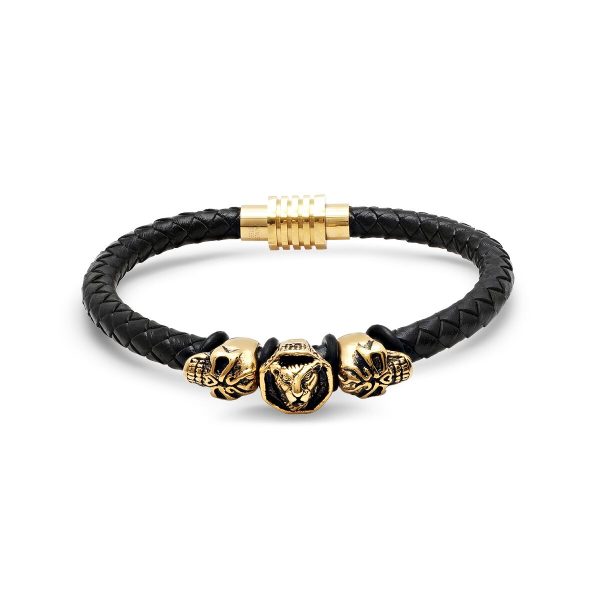 Men's black leather braided bracelet with 18k gold plated stainless steel lion head and Skull accents