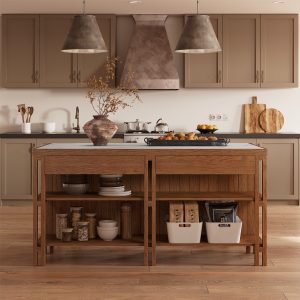 while the wide open shelves below are ideal for displaying your favorite dinnerware