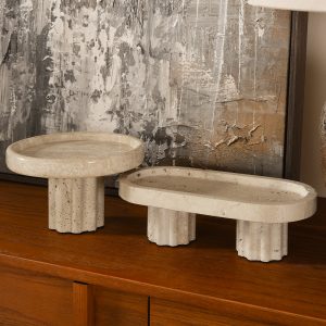 9 inch long pill shaped natural travertine cake stand beige modern style for dining room kitchen afternoon tea