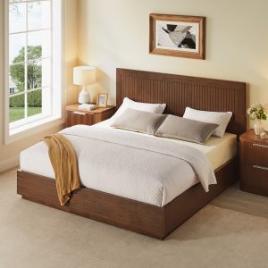 a beautifully crafted piece made from solid acacia wood and finished with rich walnut veneer. Vertical fluted detailing across the headboard and footboard adds depth and architectural interest