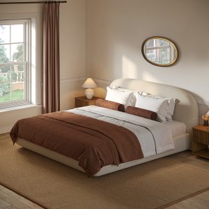blending modern luxury with comfort. Featuring plush white bouclÃ© fabric