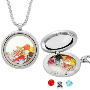 Ladies 18kt Gold Plated Round Pendant With Breast Cancer And Multicolor Simulated Gemstones Charms