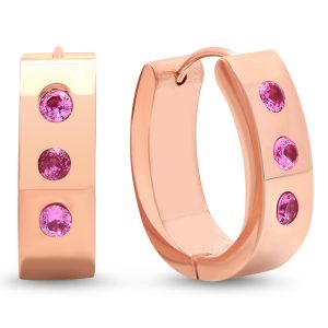 Ladies 18k Rose Gold Plated Stainless Steel Pink Spinel Oval Huggie Earrings