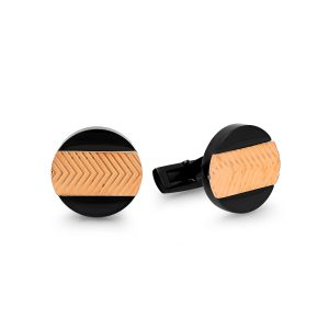 * Men's box set black ip stainless steel round cufflinks with 18k gold plated inlay.* Box: 3" L x 2.5" W x 1.25" H* Cufflinks: 20mm