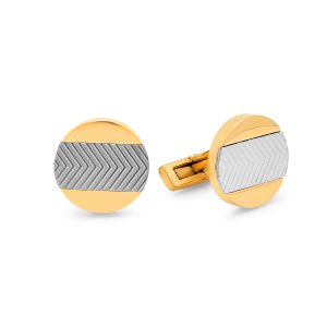 * Men's box set 18k gold plated stainless setel round cufflinks with stainless steel inlay. * Box: 3" L x 2.5" W x 1.25" H* Cufflinks: 20mm