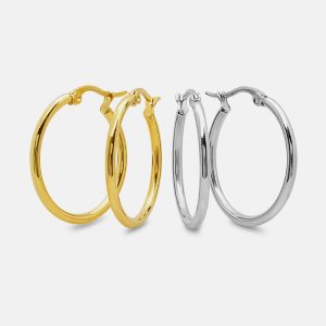 Steel Set Of 2 Hoops In Stainless Steel And 18kt Rose Gold Plated Stainless Steel