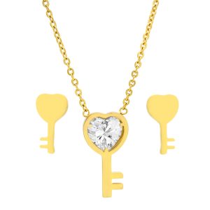 Ladies 18k Gold Plated Stainless Steel Key Heart Earring And Pendant Set With Simulated Diamonds