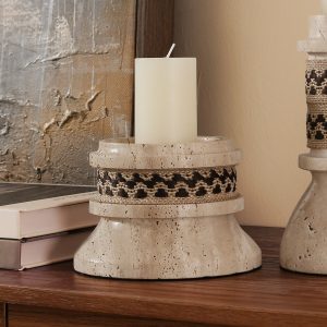 5 inch Travertine candleholders with handwoven detailing beige modern style for living room bedroom dining room