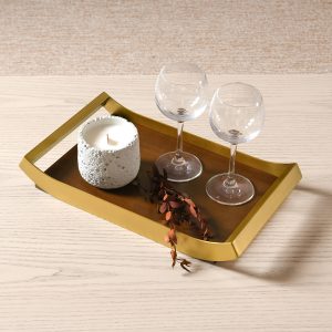 14 inch walnut serving tray with gold metal handle frame modern style for kitchen dining room restaurant