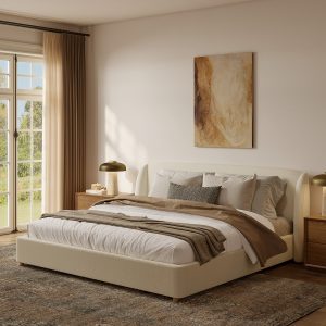 featuring plush white bouclÃ© fabric and a modern
