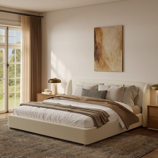 featuring plush white bouclÃ© fabric and a modern