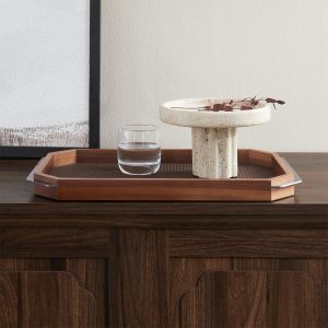 16 inch Octagonal Walnut Serving Tray with woven PU leather lining and metal handle decorative