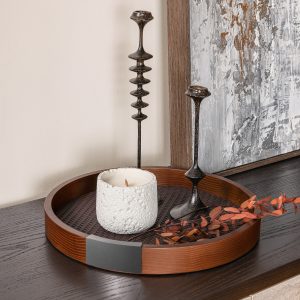8 inch round walnut tray with PU leather lining and metal handle decorative modern style brown for living room bedroom