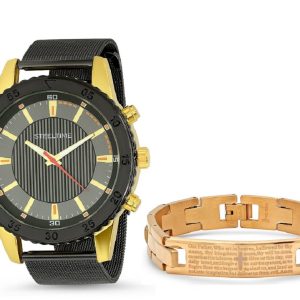 Men's two tone black ip stainless steel mesh strap and back watch with two tone black ip and 18k gold plated alloy case alongside 18k gold plated stainless steel our father prayer id bracelet