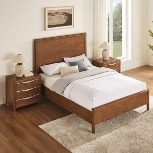 a stunning piece of furniture crafted with oak veneer. This bed frame is made of solid wood