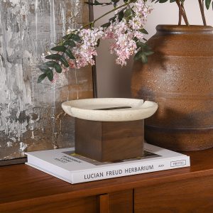 8 inch round marble inlaid tray with walnut base modern style beige and brown for living room bedroom decorative