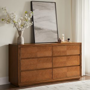 crafted from rich oak veneer and an oak frame for unmatched durability. This piece features a chevron pattern that adds a contemporary flair. Ideal for those seeking bold style and timeless craftsmanship.cabinet type:Dresser
