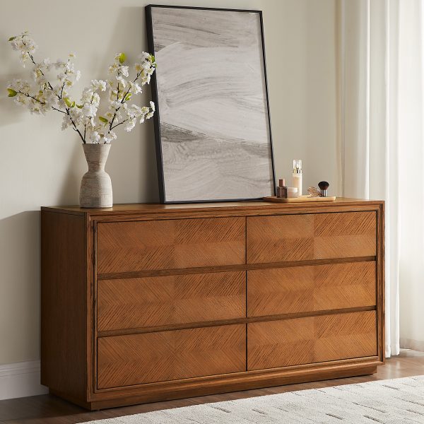 crafted from rich oak veneer and an oak frame for unmatched durability. This piece features a chevron pattern that adds a contemporary flair. Ideal for those seeking bold style and timeless craftsmanship.cabinet type:Dresser