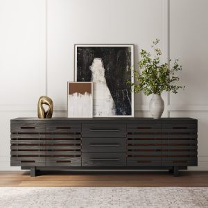 featuring an elegant elm veneer finish. This media console includes cable management holes for a tidy setup
