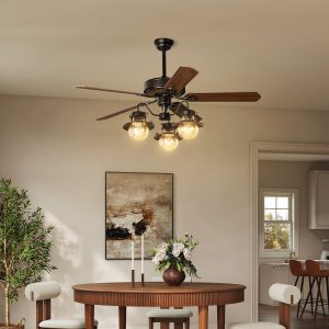 Njord 52" Ceiling Fan with glass lamp shade brown 5 blades for living room bedroom kitchen vintage style