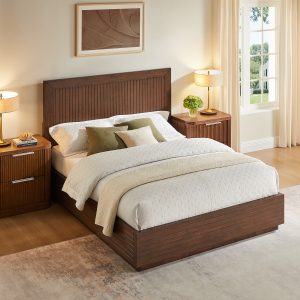 a beautifully crafted piece made from solid acacia wood and finished with rich walnut veneer. Vertical fluted detailing across the headboard and footboard adds depth and architectural interest