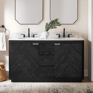 featuring striking herringbone paneling and a luxurious double marble top. Offers sophisticated storage for your space.color:Black