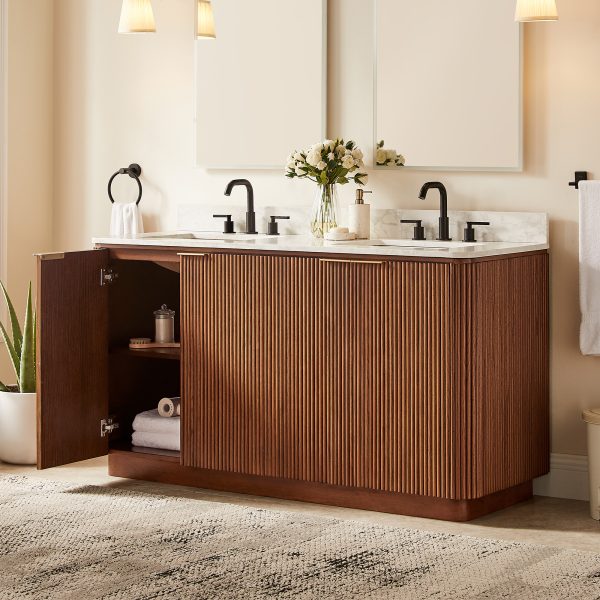 and a sleek marble countertop. Offers ample storage for a compact yet elegant bathroom solution.color:Brown