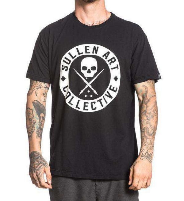 Men's tee with oversized printed artwork on front and back featuring the Sullen Art Collective Badge.     Premium Slim Fit Tee  Short sleeves  Tagless for comfort  Woven Sullen Badge label on left sleeve  100% Soft Cotton Body  Machine washable