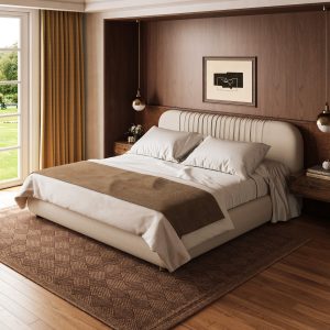 blending modern luxury with comfort. Featuring plush white bouclÃ© fabric