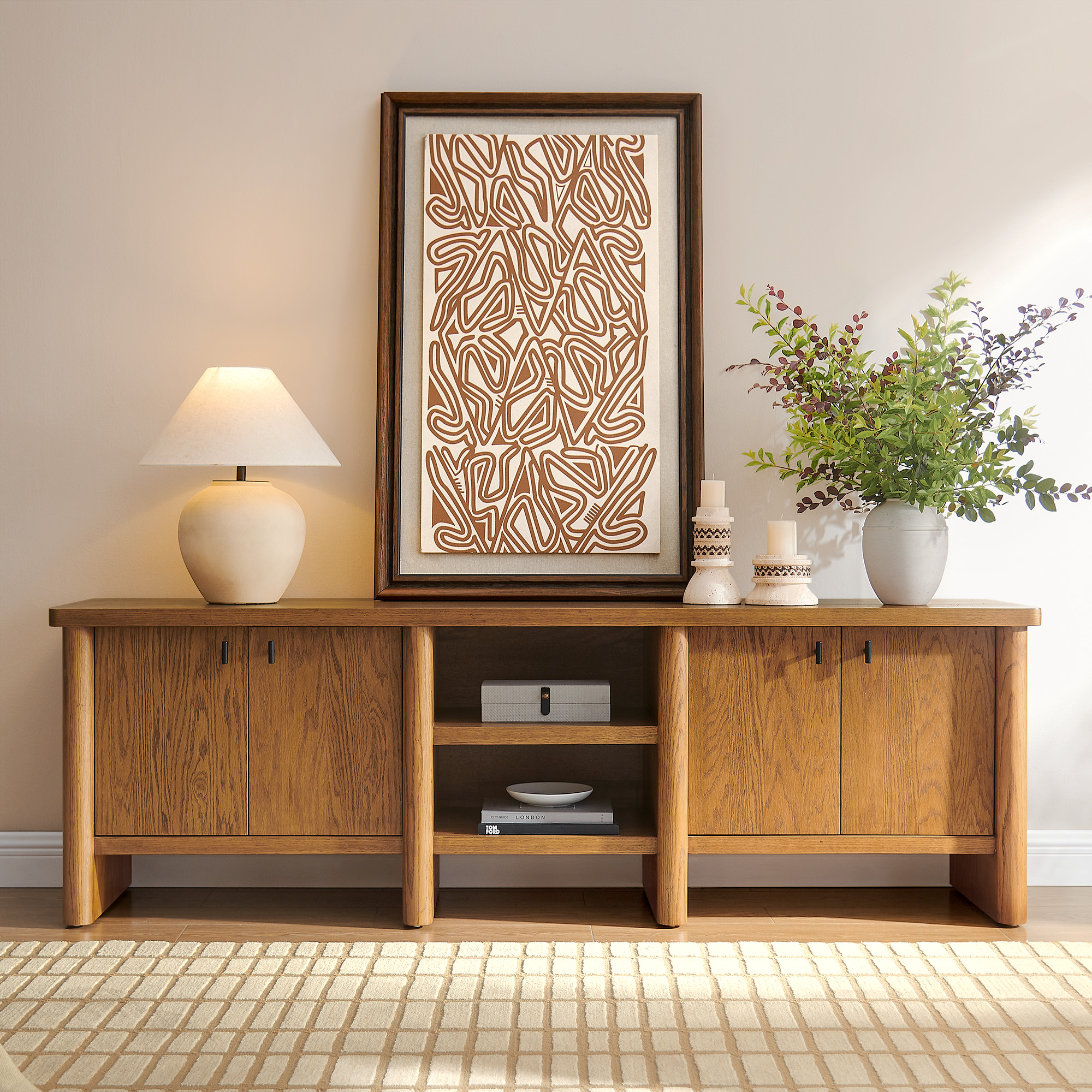 organic look with rich wood grain details. The clean lines and rounded edges offer a modern yet timeless silhouette.applicable tv size:Up to 80"