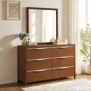 crafted from rich oak veneer and a solid wood frame for unmatched durability. This piece features sleek silver resin handles that add a contemporary flair. Ideal for those seeking bold style and timeless craftsmanship.cabinet type:Dresser