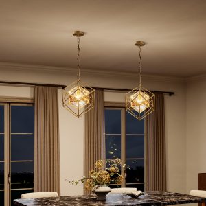 15 inch Brass Geometric Crystal Pendant light with frame and durable hardware luxury style for dining room kitchen 30W 1000 lumens brightness
