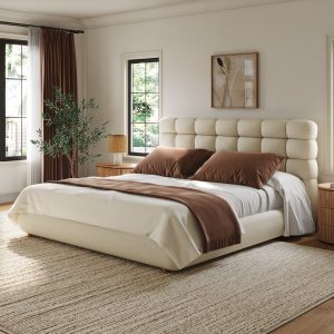 blending modern luxury with comfort. Featuring plush white bouclÃ© fabric