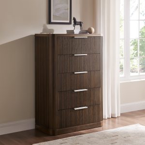crafted from rich poplar wood veneer and a solid wood frame for unmatched durability. This piece of bedroom set features sleek silver metal handles that add a contemporary flair. Ideal for those seeking bold style.color:Dark Brown