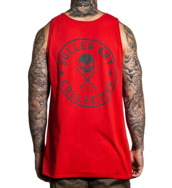 This soft body tank top with printed artwork on front and back between shoulder blades features the timeless Sullen circle badge. Available now in 3 colors.   Premium Fit Tank  Sleeveless  Tagless for comfort  100% Soft Cotton Body  Machine washable