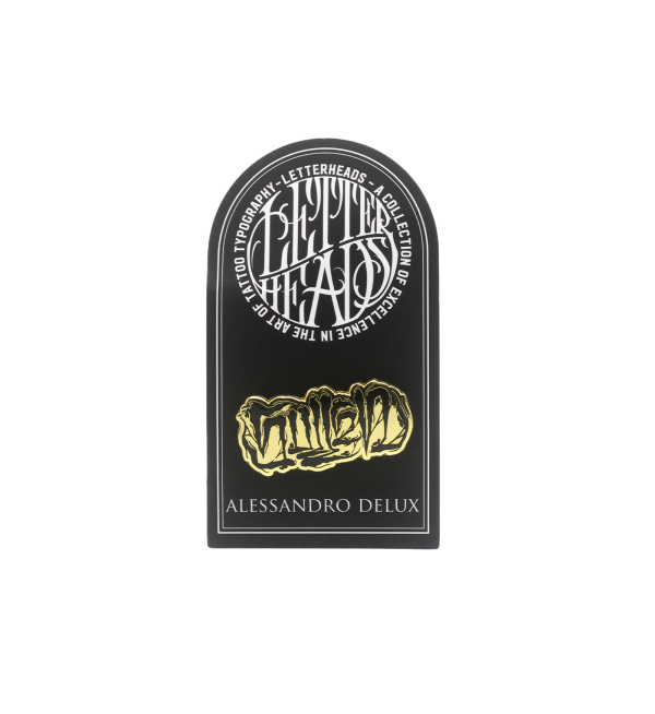Grab this gold collectable Letterheads Pin with lettering by artist Alessandro Delux!     LETTERHEADS #2 - Alessandro Delux - @alessandrodeluxtattoo