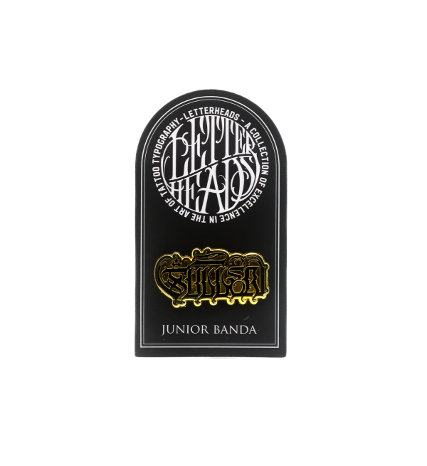 Grab this gold collectable Letterheads Pin with lettering by artist Junior Banda!     L  ETTERHEADS   #8 - Junior Banda - @Juniorbandatattoo