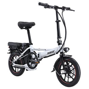 PASELEC Mini Folding  Electric Bike 400W Motor 48V 13AH Battery 14*1.95-inch Tire 40km/h Max Speed 60km Range Mechanical Disc Brakes Aluminum Alloy Front Fork LED Display - White