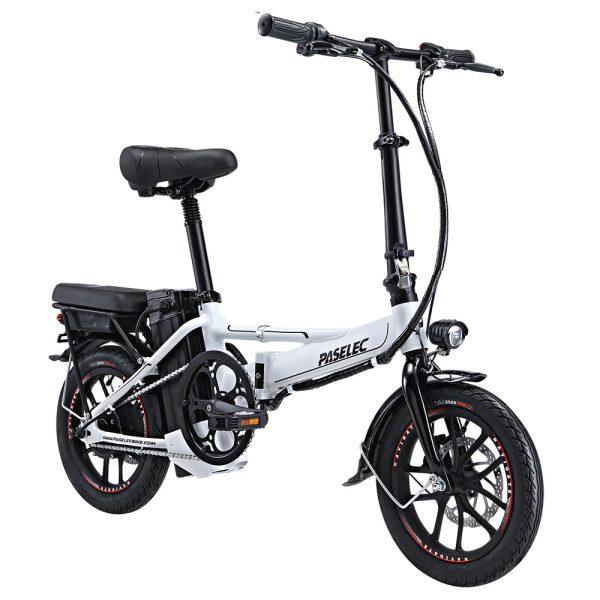 PASELEC Mini Folding  Electric Bike 400W Motor 48V 13AH Battery 14*1.95-inch Tire 40km/h Max Speed 60km Range Mechanical Disc Brakes Aluminum Alloy Front Fork LED Display - White